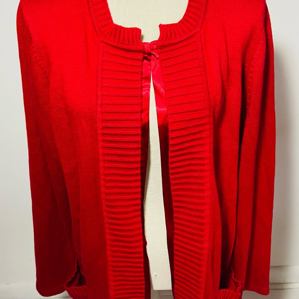 Jones NY Vibrant Red Open Cardigan Sweater with Satin Trim 1XL  Chic